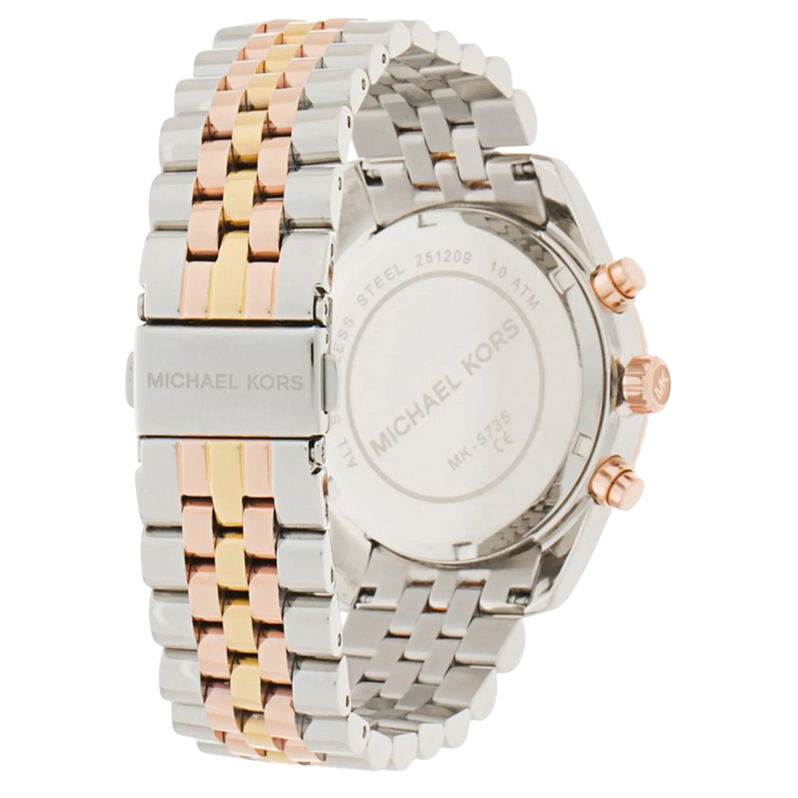 Rückseite der Michael Kors Chronograph Lexington MK5735 Damenuhr aus bicolorfarbenem Edelstahl mit Gehäuseboden