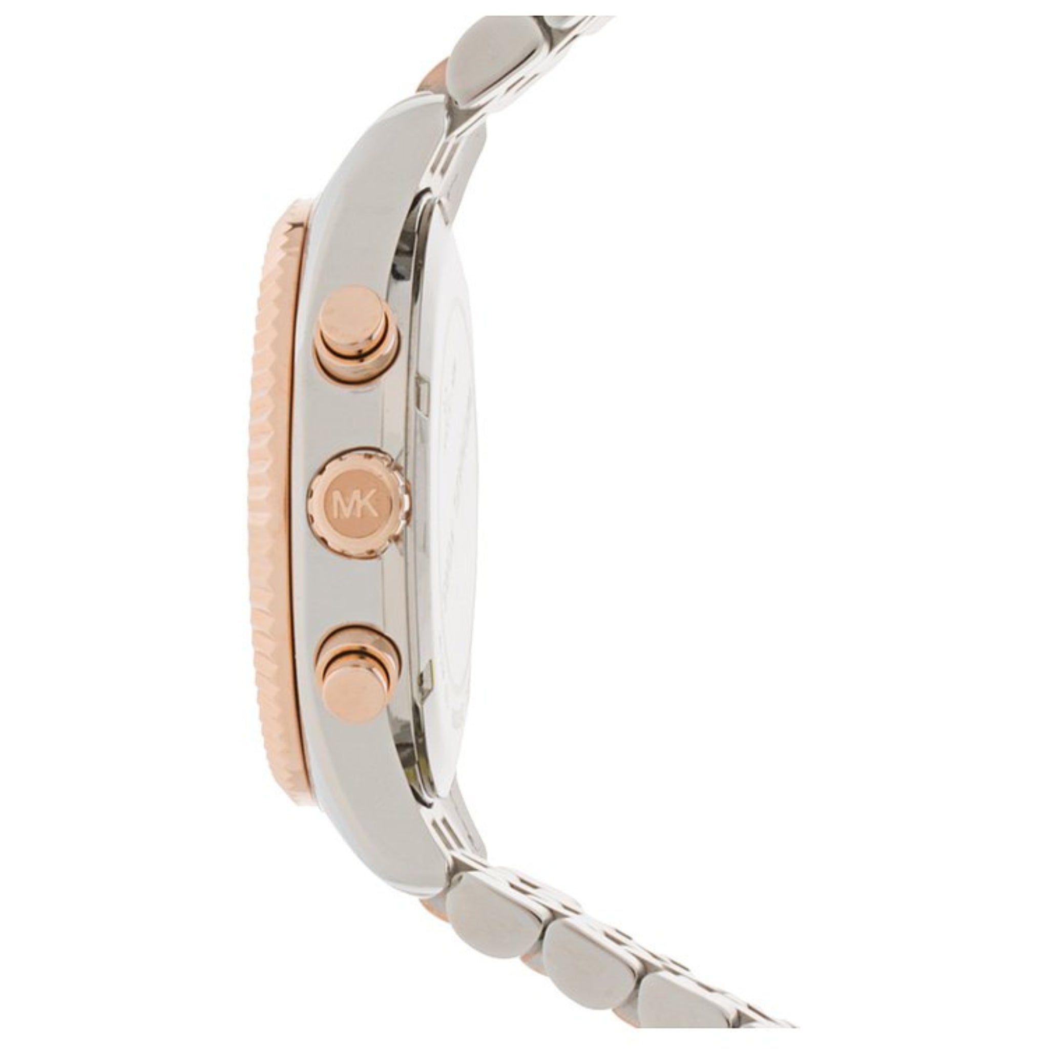 Seitenansicht der Michael Kors Chronograph Lexington MK5735 Damenuhr mit Edelstahlarmband und Chronograph-Drückern