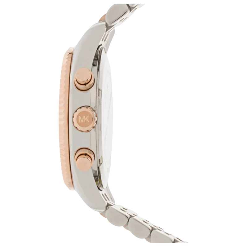 Seitenansicht der Michael Kors Chronograph Lexington MK5735 Damenuhr mit Edelstahlarmband und Chronograph-Drückern