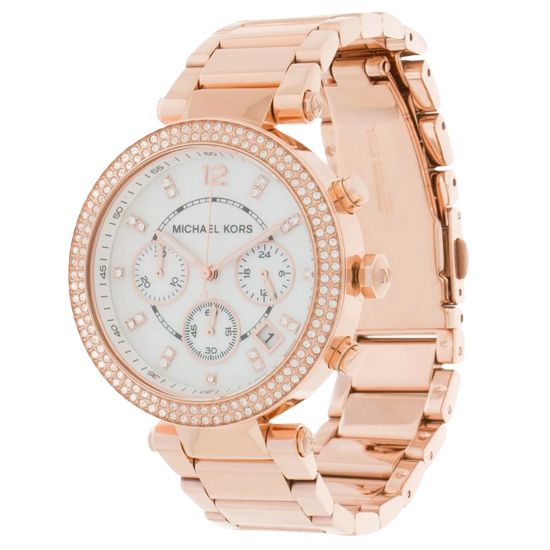 Detailansicht der Michael Kors Chronograph Parker MK5491 Damenuhr in Roségold mit verziertem Zifferblatt