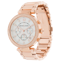 Detailansicht der Michael Kors Chronograph Parker MK5491 Damenuhr in Roségold mit verziertem Zifferblatt