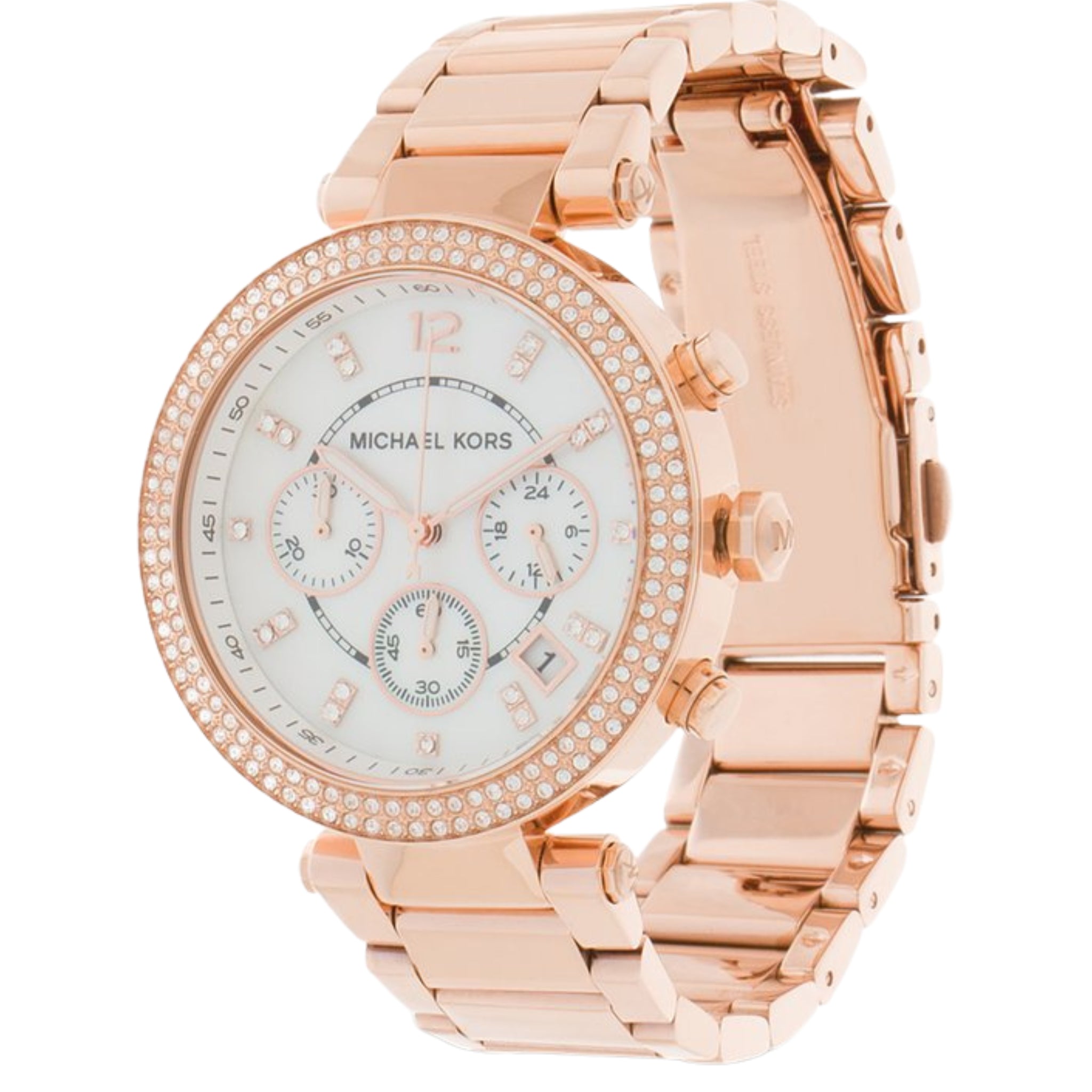 Detailansicht der Michael Kors Chronograph Parker MK5491 Damenuhr in Roségold mit verziertem Zifferblatt