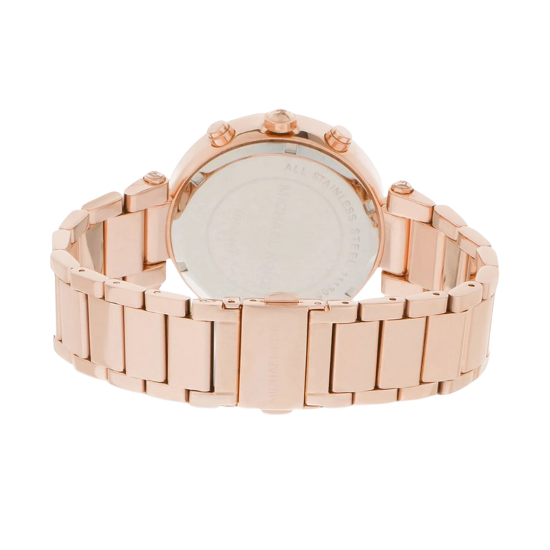 Rückseite der Michael Kors Chronograph Parker MK5491 Damenuhr aus roségoldenem Edelstahl mit Gehäuseboden
