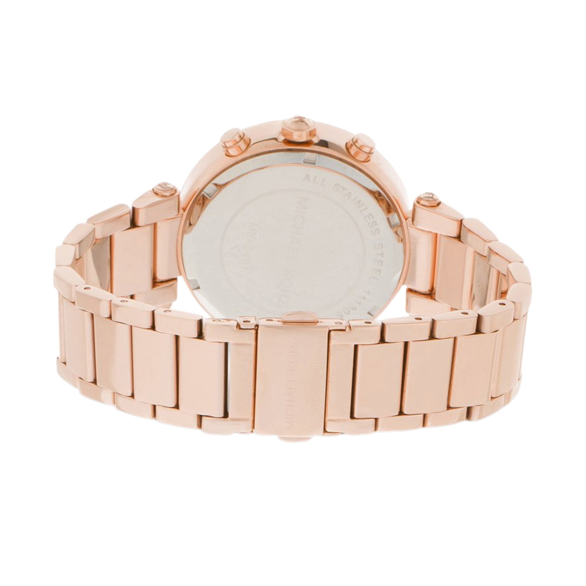 Rückseite der Michael Kors Chronograph Parker MK5491 Damenuhr aus roségoldenem Edelstahl mit Gehäuseboden