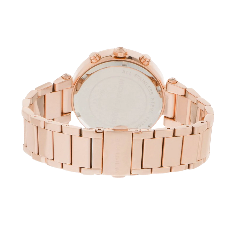 Rückseite der Michael Kors Chronograph Parker MK5491 Damenuhr aus roségoldenem Edelstahl mit Gehäuseboden