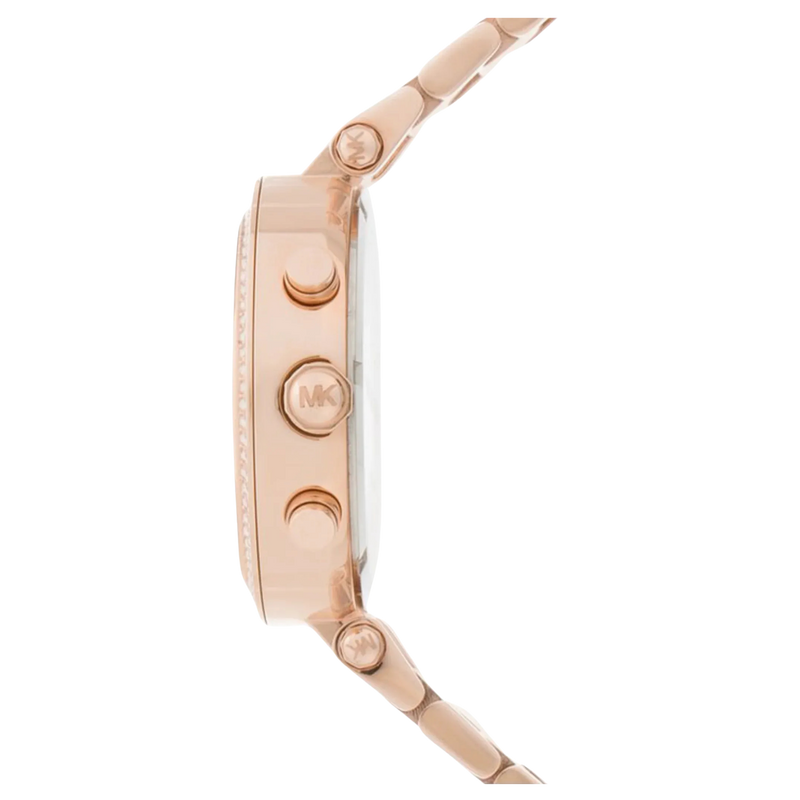 Seitenansicht der Michael Kors Chronograph Parker MK5491 Damenuhr mit Edelstahlarmband und Chronograph-Drückern