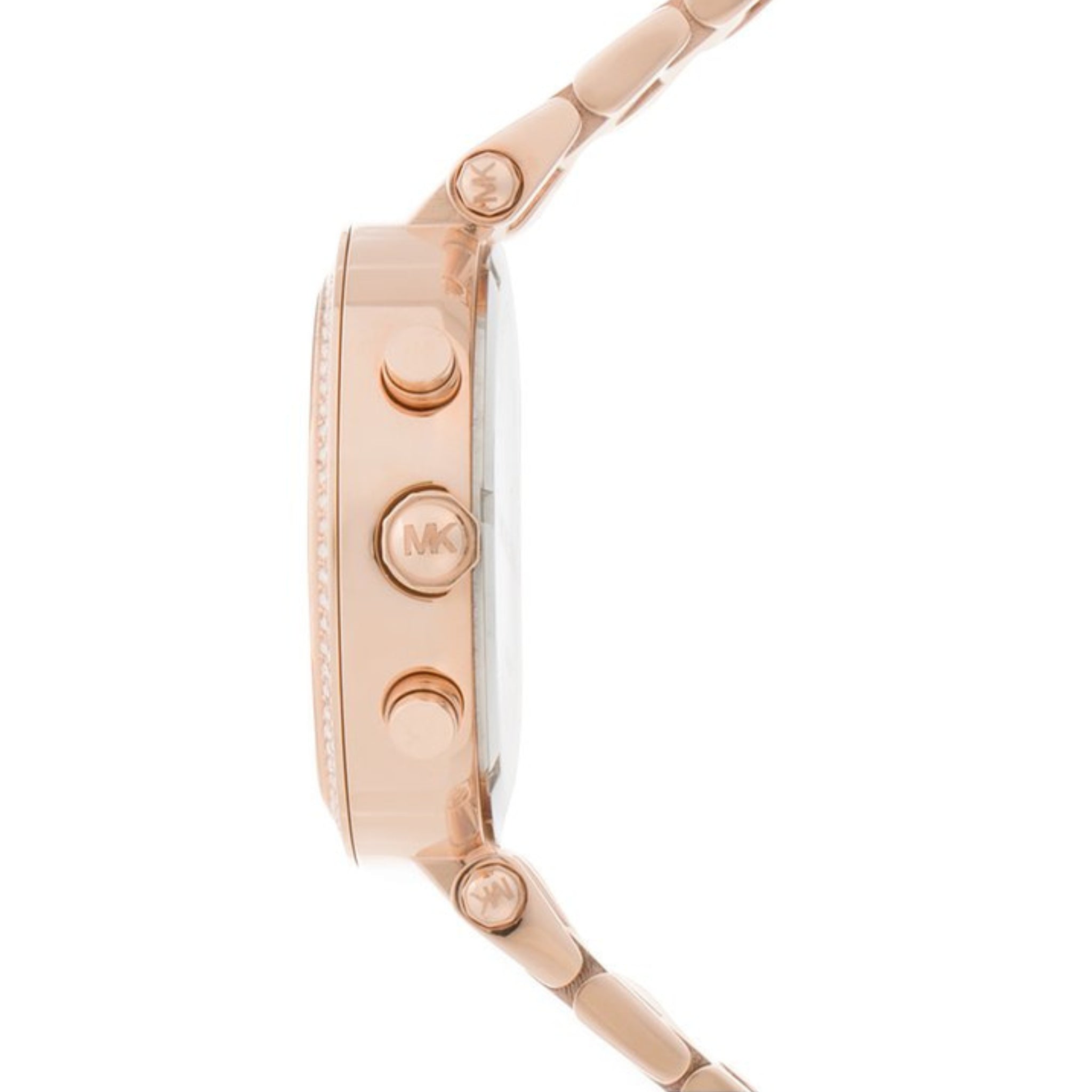 Seitenansicht der Michael Kors Chronograph Parker MK5491 Damenuhr mit Edelstahlarmband und Chronograph-Drückern