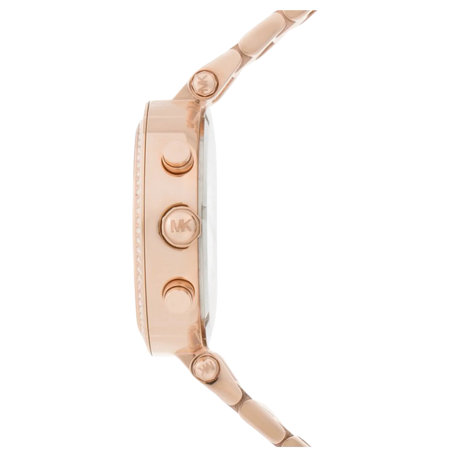 Seitenansicht der Michael Kors Chronograph Parker MK5491 Damenuhr mit Edelstahlarmband und Chronograph-Drückern