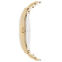 Seitenansicht des goldfarbenen Edelstahlarmbands der Michael Kors Runway Slim MK3179 Damenuhr