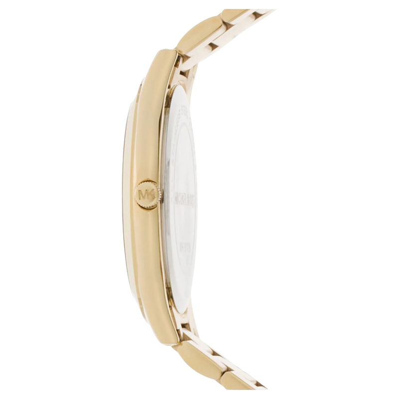 Seitenansicht des goldfarbenen Edelstahlarmbands der Michael Kors Runway Slim MK3179 Damenuhr