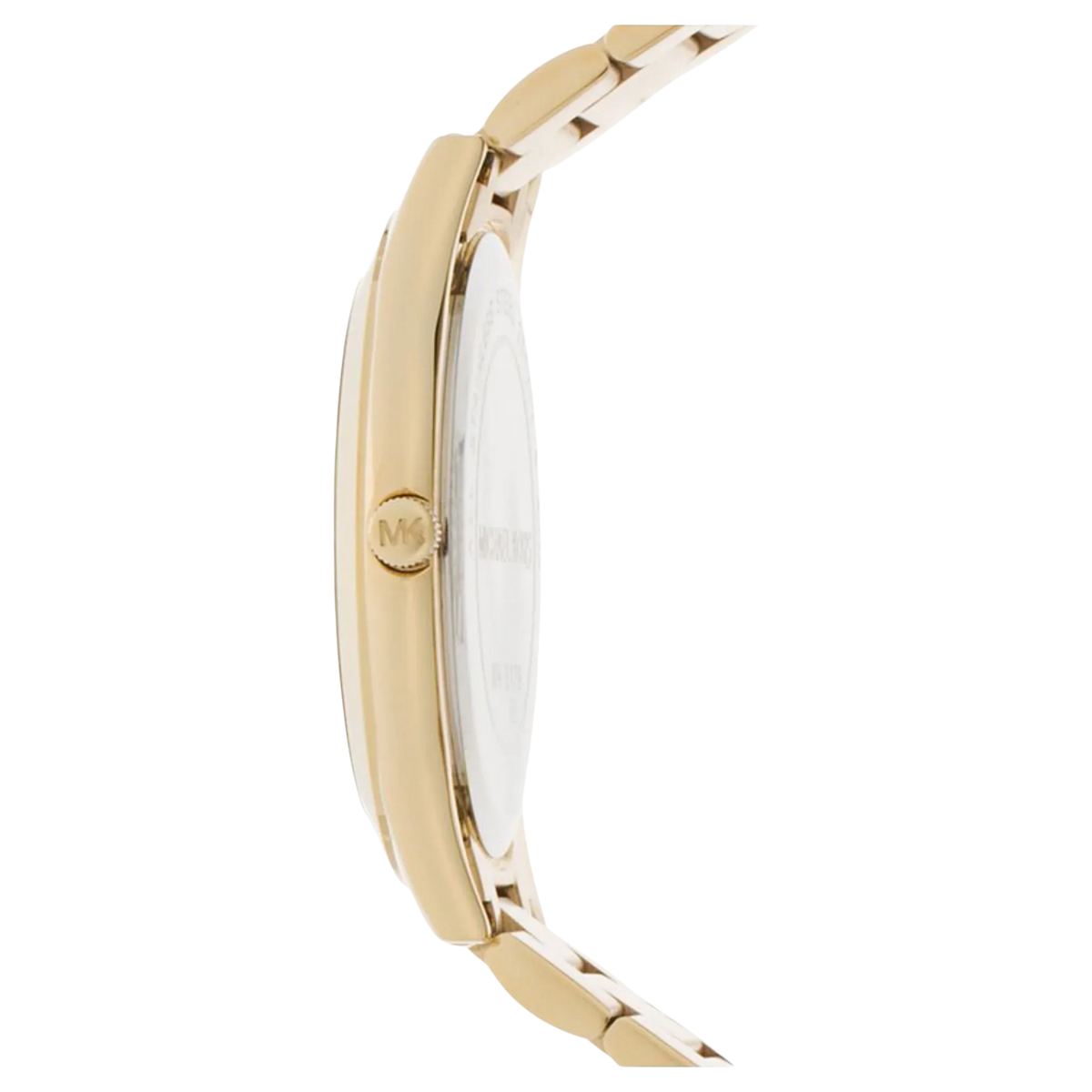 Seitenansicht des goldfarbenen Edelstahlarmbands der Michael Kors Runway Slim MK3179 Damenuhr