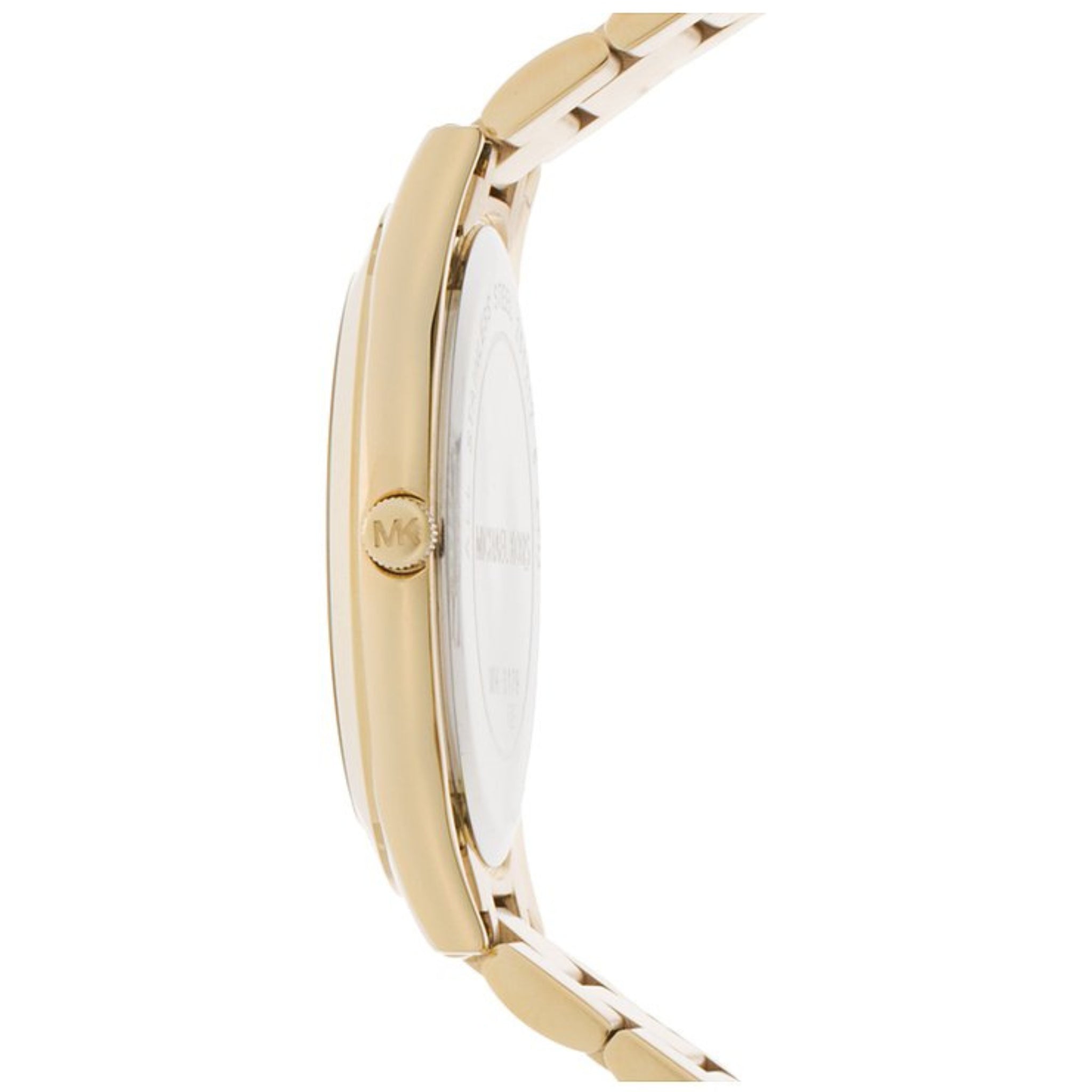 Seitenansicht des goldfarbenen Edelstahlarmbands der Michael Kors Runway Slim MK3179 Damenuhr