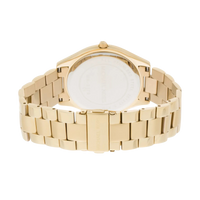 Rückseite der Michael Kors Runway Slim MK3179 Damenuhr aus goldfarbenem Edelstahl mit Gehäuseboden