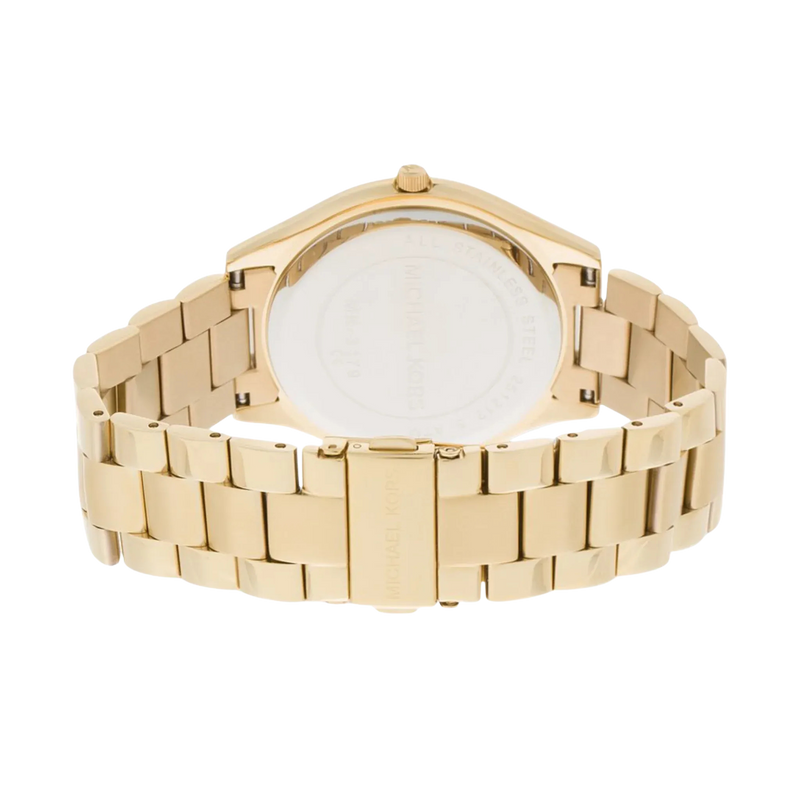 Rückseite der Michael Kors Runway Slim MK3179 Damenuhr aus goldfarbenem Edelstahl mit Gehäuseboden