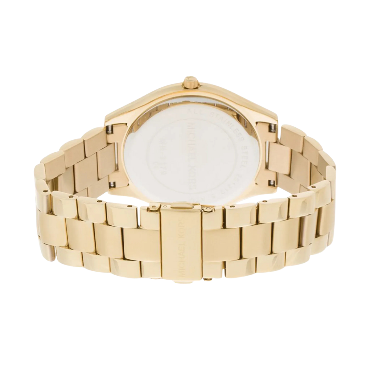 Rückseite der Michael Kors Runway Slim MK3179 Damenuhr aus goldfarbenem Edelstahl mit Gehäuseboden