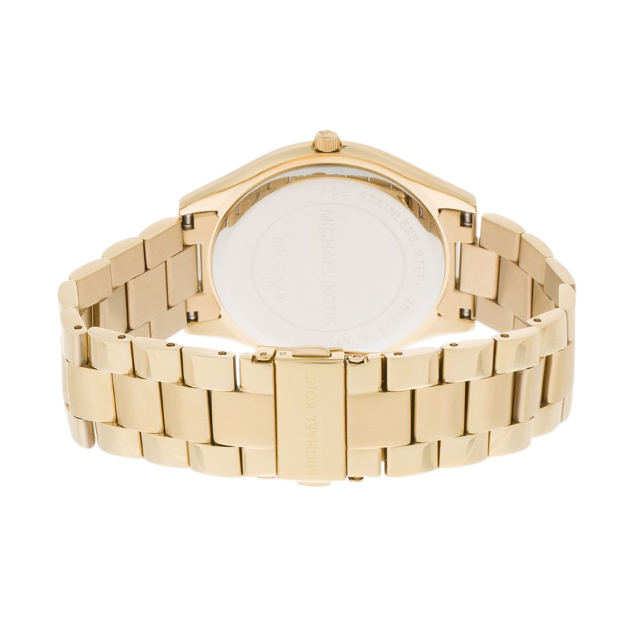 Rückseite der Michael Kors Runway Slim MK3179 Damenuhr aus goldfarbenem Edelstahl mit Gehäuseboden