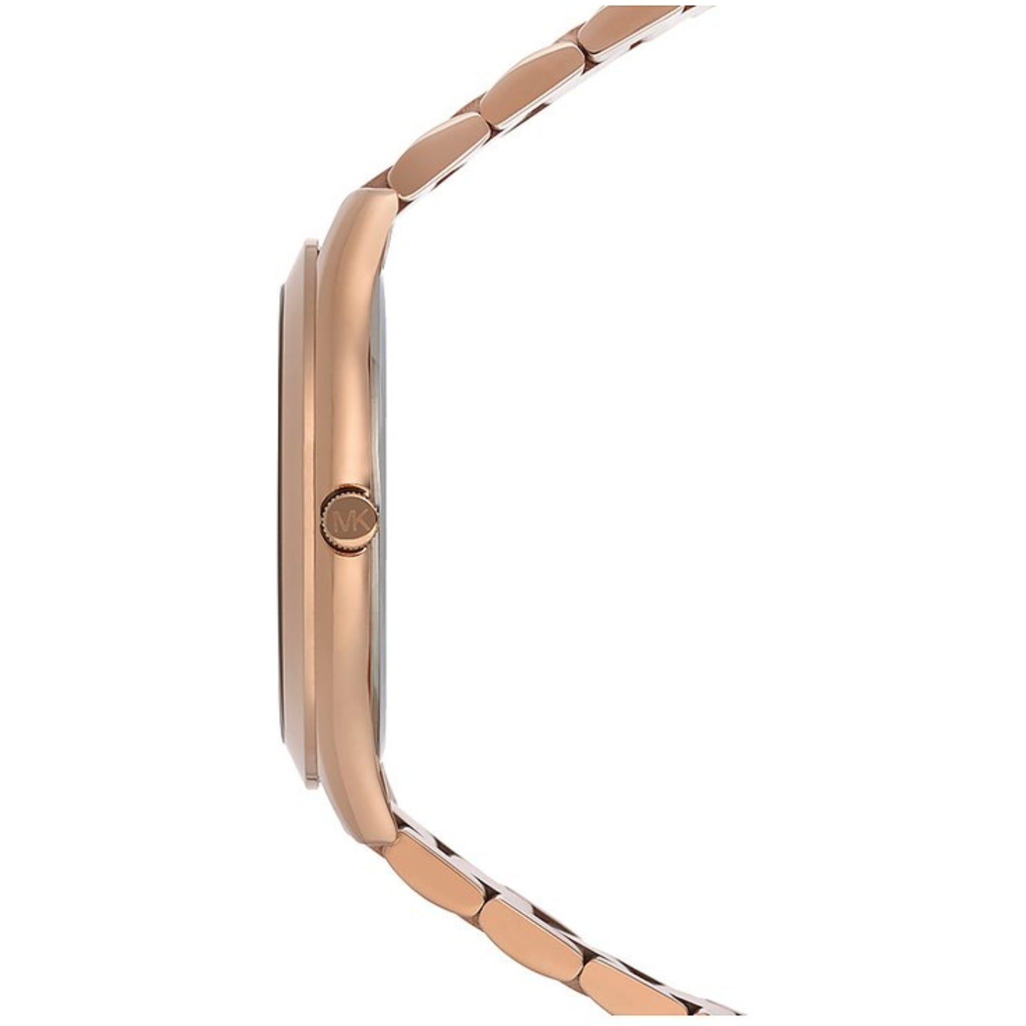 Seitenansicht des roségoldenen Edelstahlarmbands der Michael Kors Runway Slim MK3197 Damenuhr