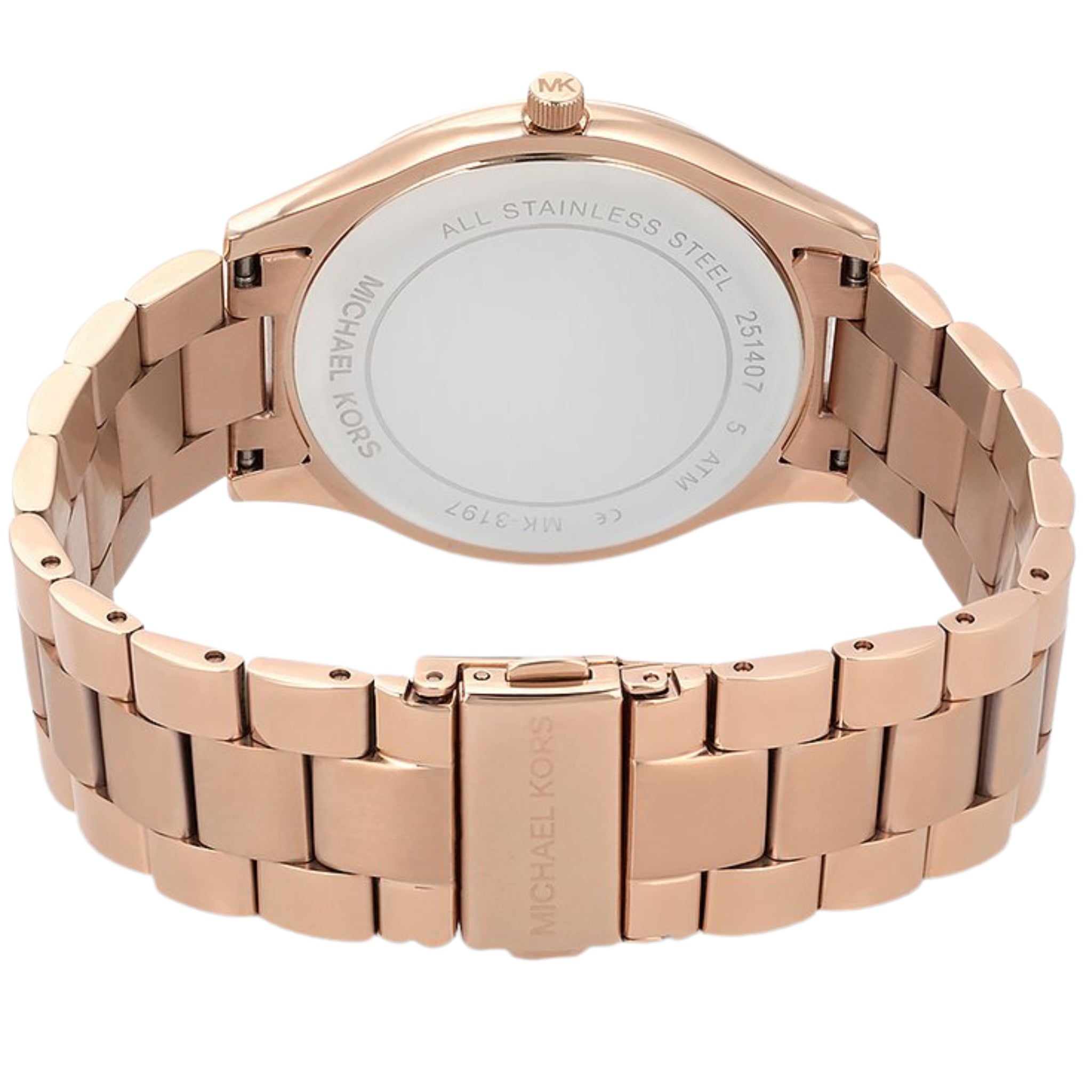 Rückseite der Michael Kors Runway Slim MK3197 Damenuhr aus roségoldenem Edelstahl mit Gehäuseboden