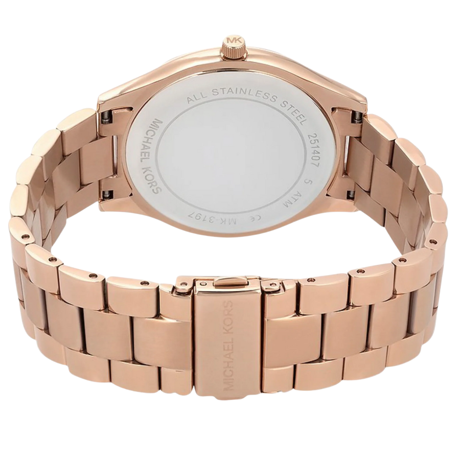 Rückseite der Michael Kors Runway Slim MK3197 Damenuhr aus roségoldenem Edelstahl mit Gehäuseboden
