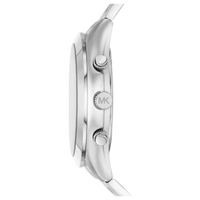 Seitenansicht der Michael Kors Chronograph Runway Slim MK8917 Herrenuhr mit Edelstahlgehäuse und Chronograph-Drückern