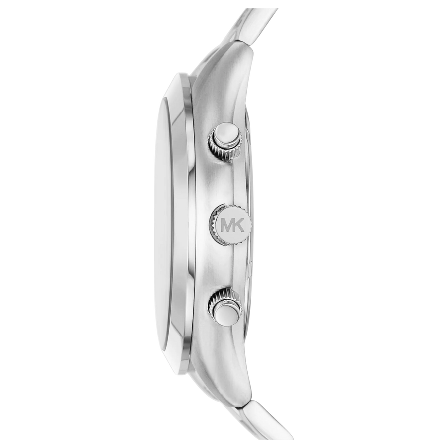 Seitenansicht der Michael Kors Chronograph Runway Slim MK8917 Herrenuhr mit Edelstahlgehäuse und Chronograph-Drückern