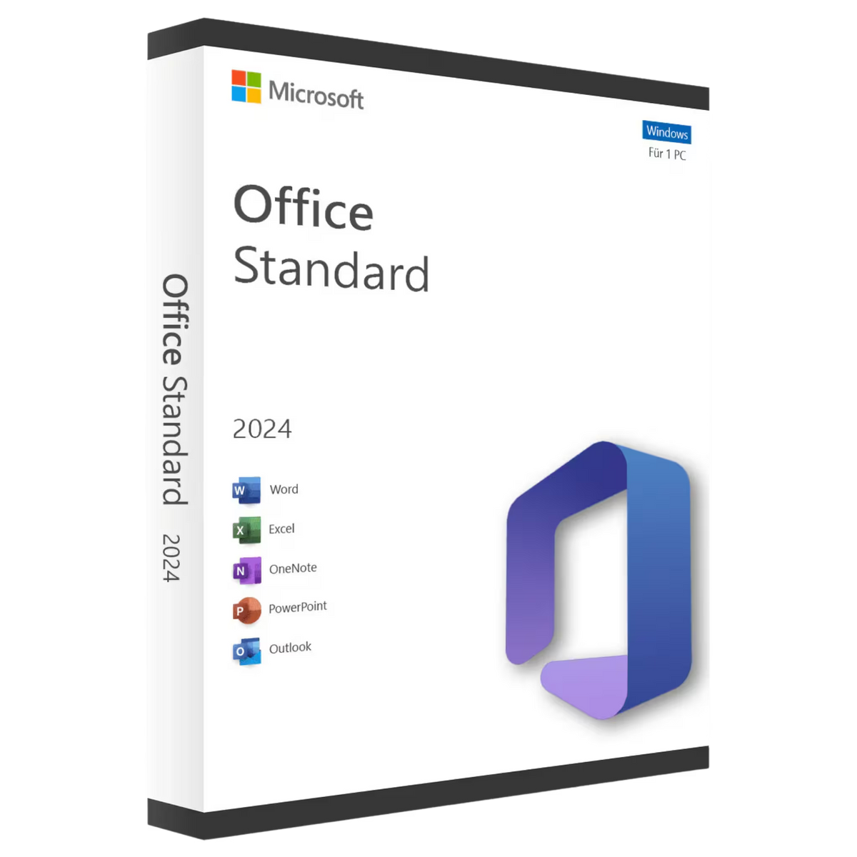 Verpackung von Microsoft Office Standard 2024 für Windows, zeigt Symbole für Word, Excel, OneNote, PowerPoint, Outlook und Publisher