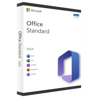 Verpackung von Microsoft Office Standard 2024 für Windows, zeigt Symbole für Word, Excel, OneNote, PowerPoint, Outlook und Publisher