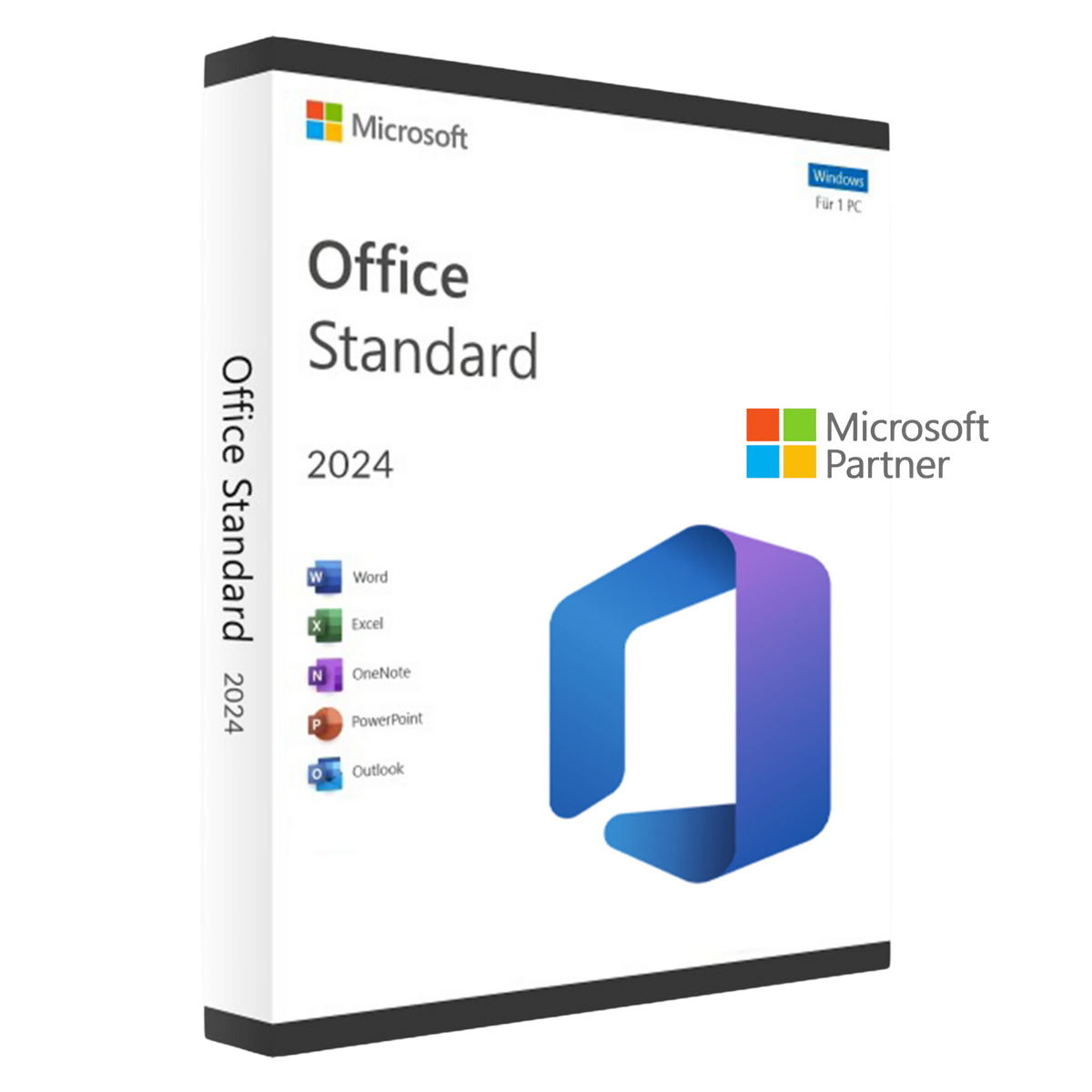 Verpackung von Microsoft Office Standard 2024 für Windows, zeigt Symbole für Word, Excel, OneNote, PowerPoint, Outlook und Publisher