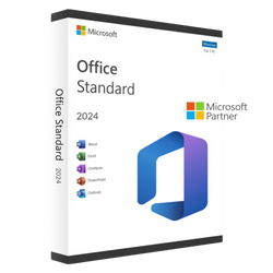 Verpackung von Microsoft Office Standard 2024 für Windows, zeigt Symbole für Word, Excel, OneNote, PowerPoint, Outlook und Publisher