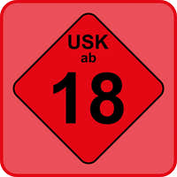 Rotes USK-18-Symbol mit der Aufschrift „USK ab 18“ auf quadratischem Hintergrund, Kennzeichnung für Inhalte ab 18 Jahren.