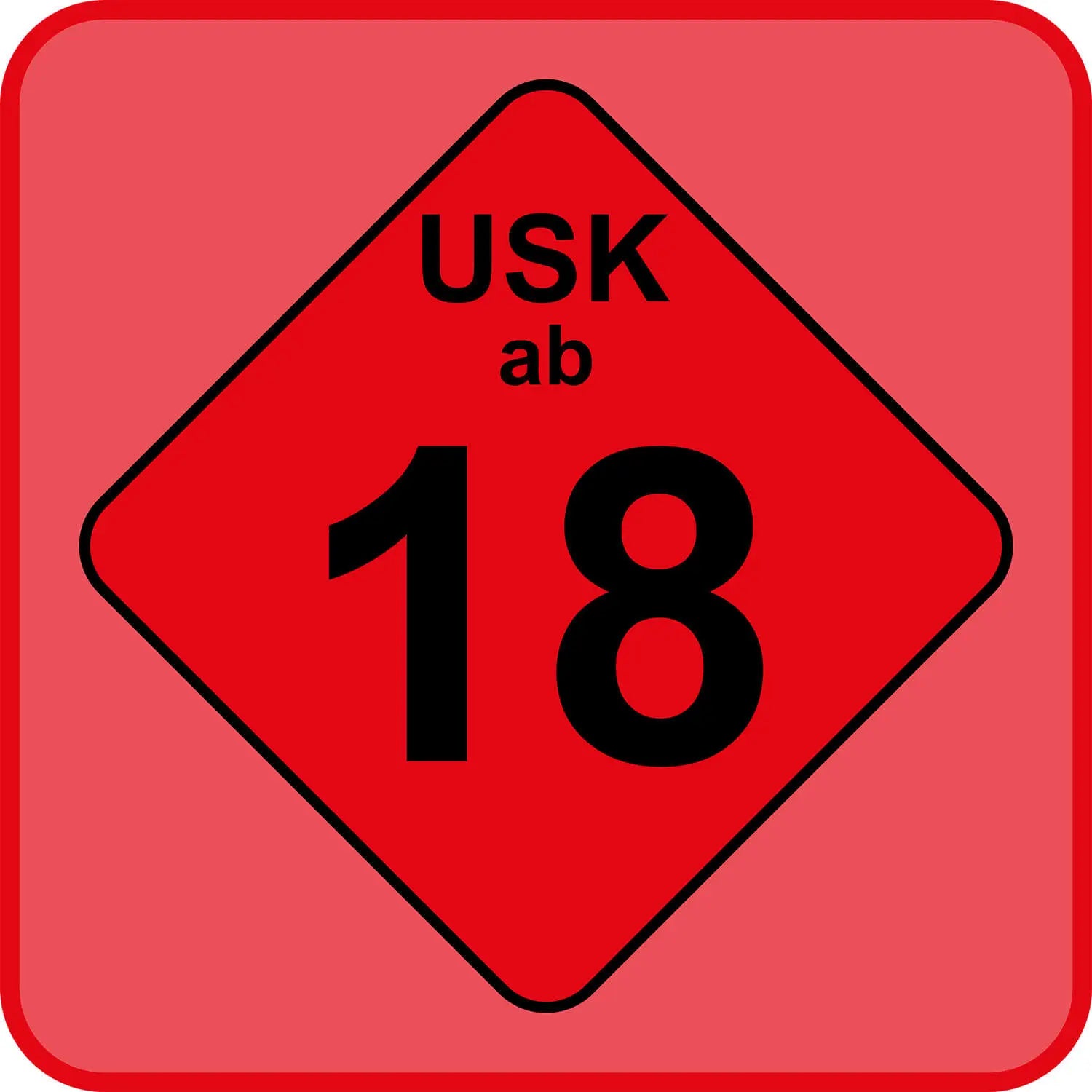 Rotes USK-18-Symbol mit der Aufschrift „USK ab 18“ auf quadratischem Hintergrund, Kennzeichnung für Inhalte ab 18 Jahren.