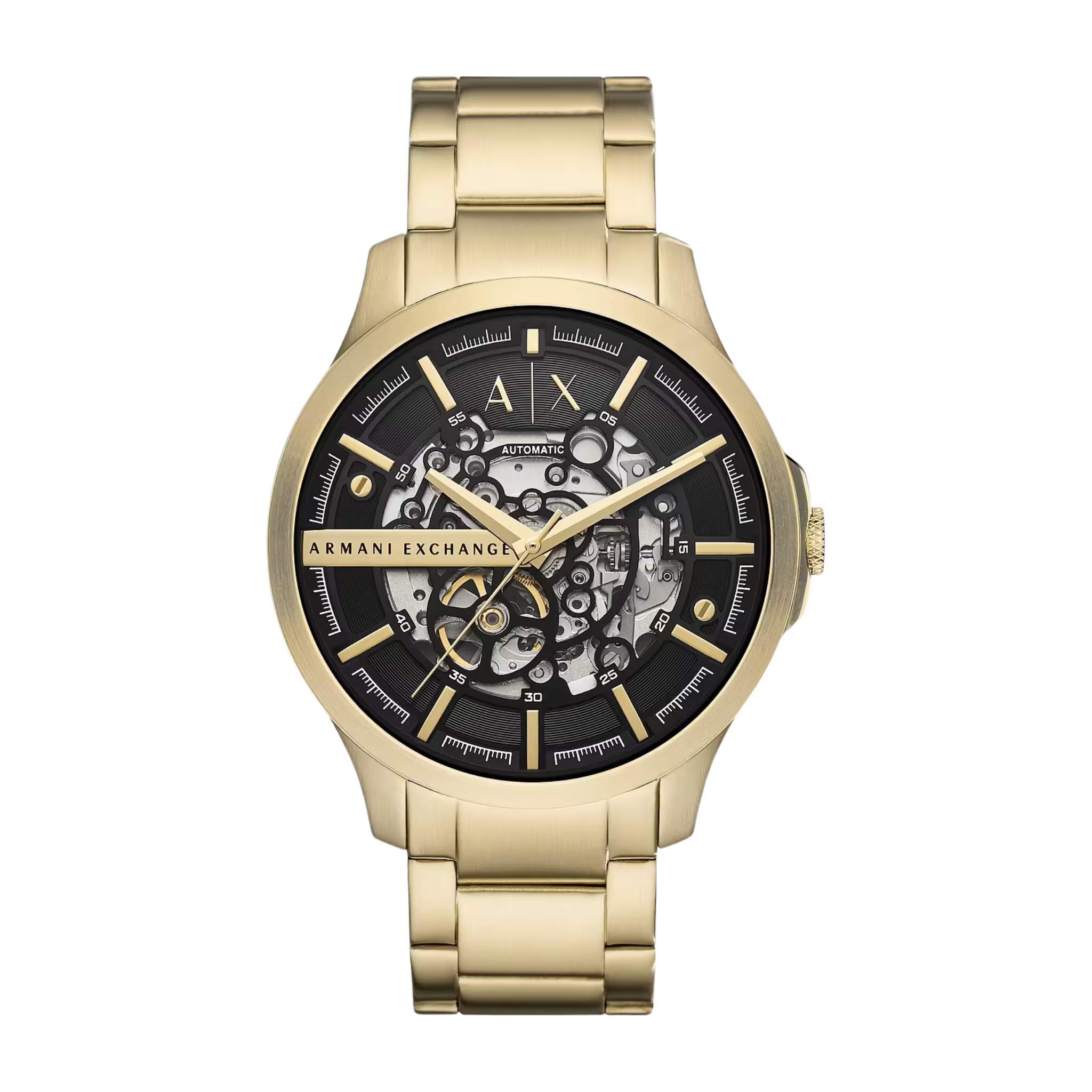 Goldene Armani Exchange Herrenuhr am Handgelenk, mit schwarzem Zifferblatt und skelettiertem Design