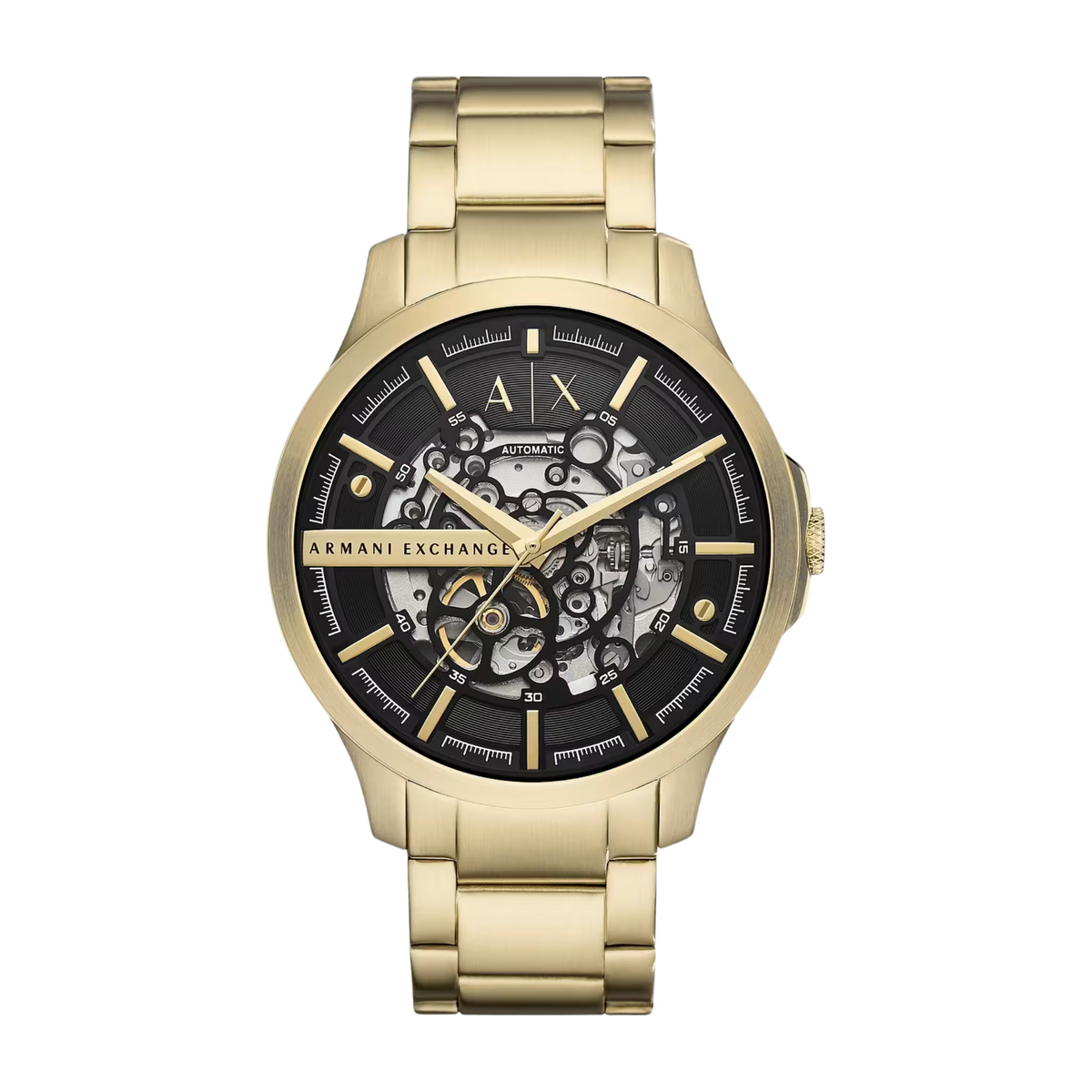 Goldene Armani Exchange Herrenuhr am Handgelenk, mit schwarzem Zifferblatt und skelettiertem Design