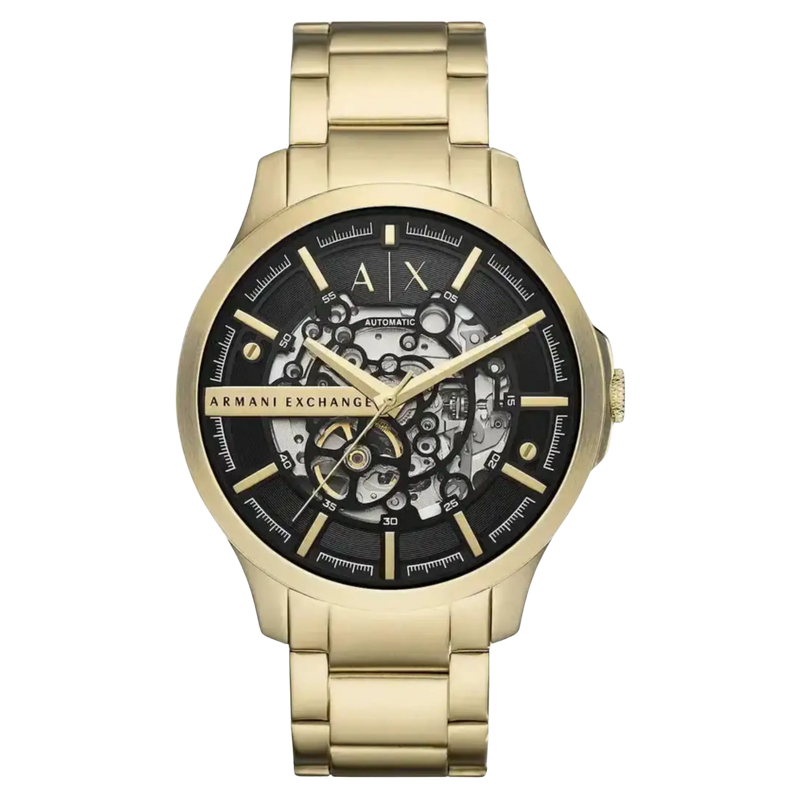 Goldene Armani Exchange Herrenuhr am Handgelenk, mit schwarzem Zifferblatt und skelettiertem Design