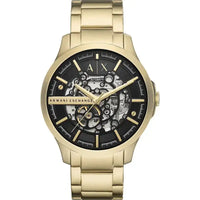 Goldene Armani Exchange Herrenuhr am Handgelenk, mit schwarzem Zifferblatt und skelettiertem Design
 - Bild 1