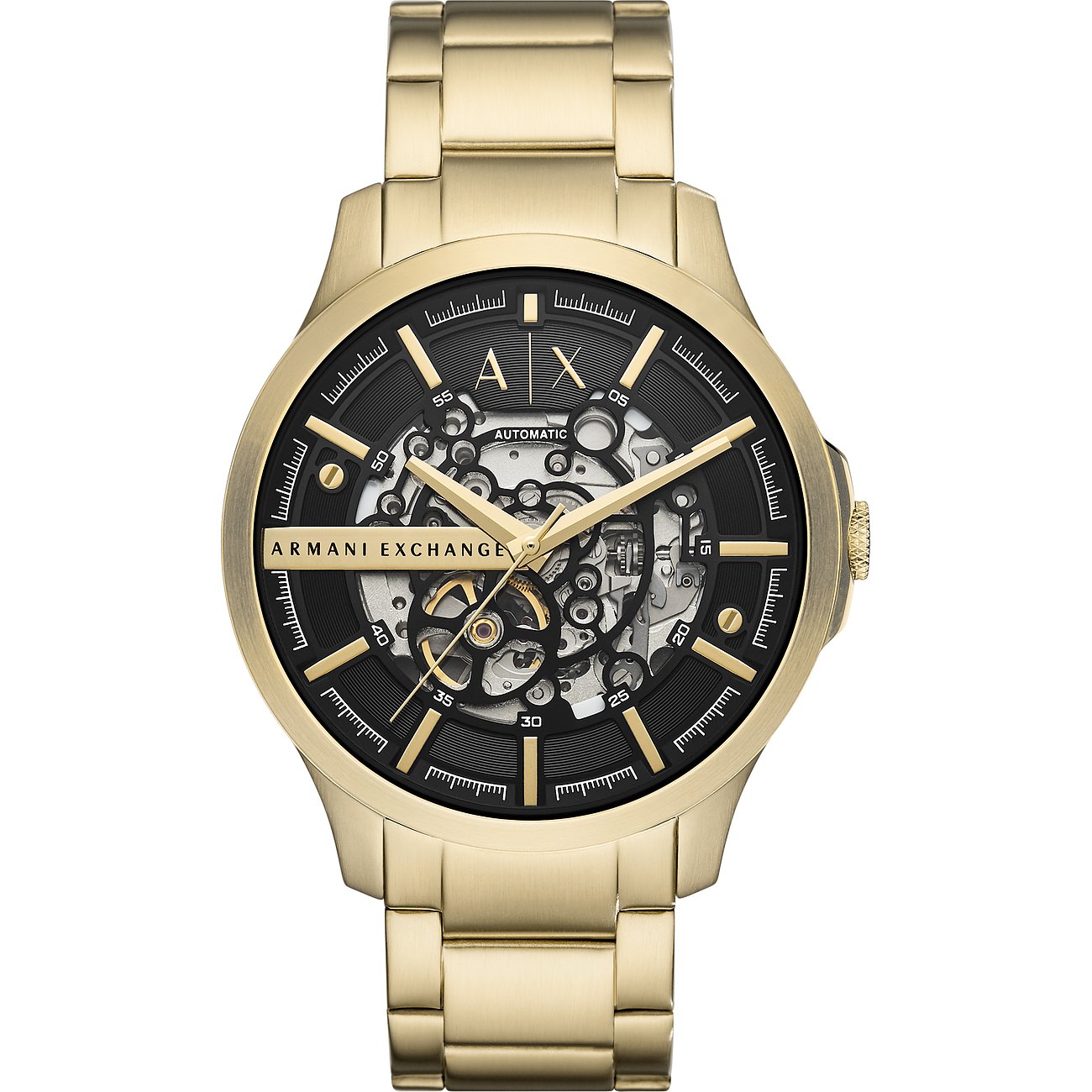Armani Exchange Herrenuhr AX2419, Automatik, Edelstahlgehäuse in Gold, schwarzes Zifferblatt, Sichtboden, wasserfest bis 5 Bar