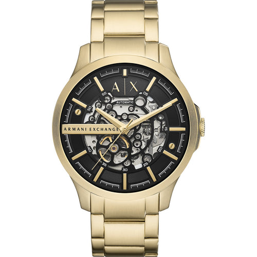 Armani Exchange Herrenuhr AX2419, Automatik, Edelstahlgehäuse in Gold, schwarzes Zifferblatt, Sichtboden, wasserfest bis 5 Bar