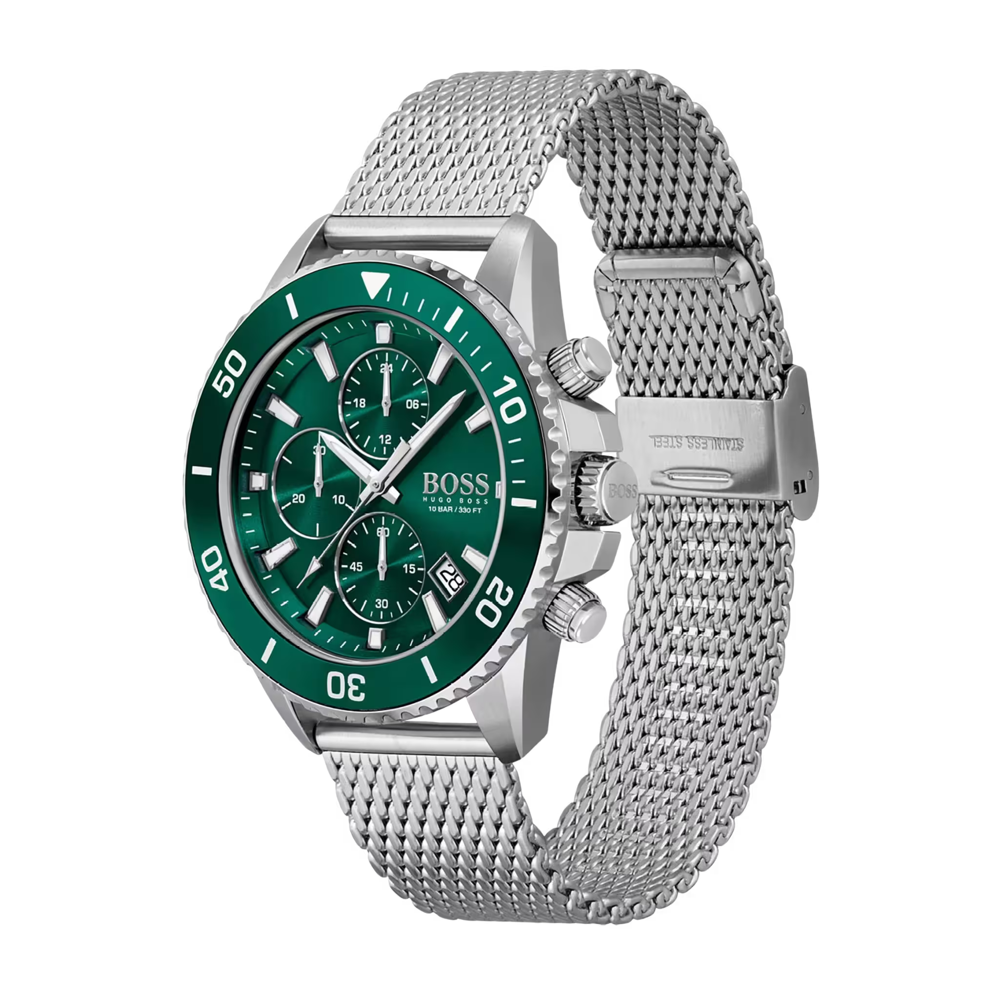 Hugo Boss Herrenuhr Chronograph Modell 1513905 in grüner Farbe mit Edelstahl-Mesharmband in seitlicher Perspektive