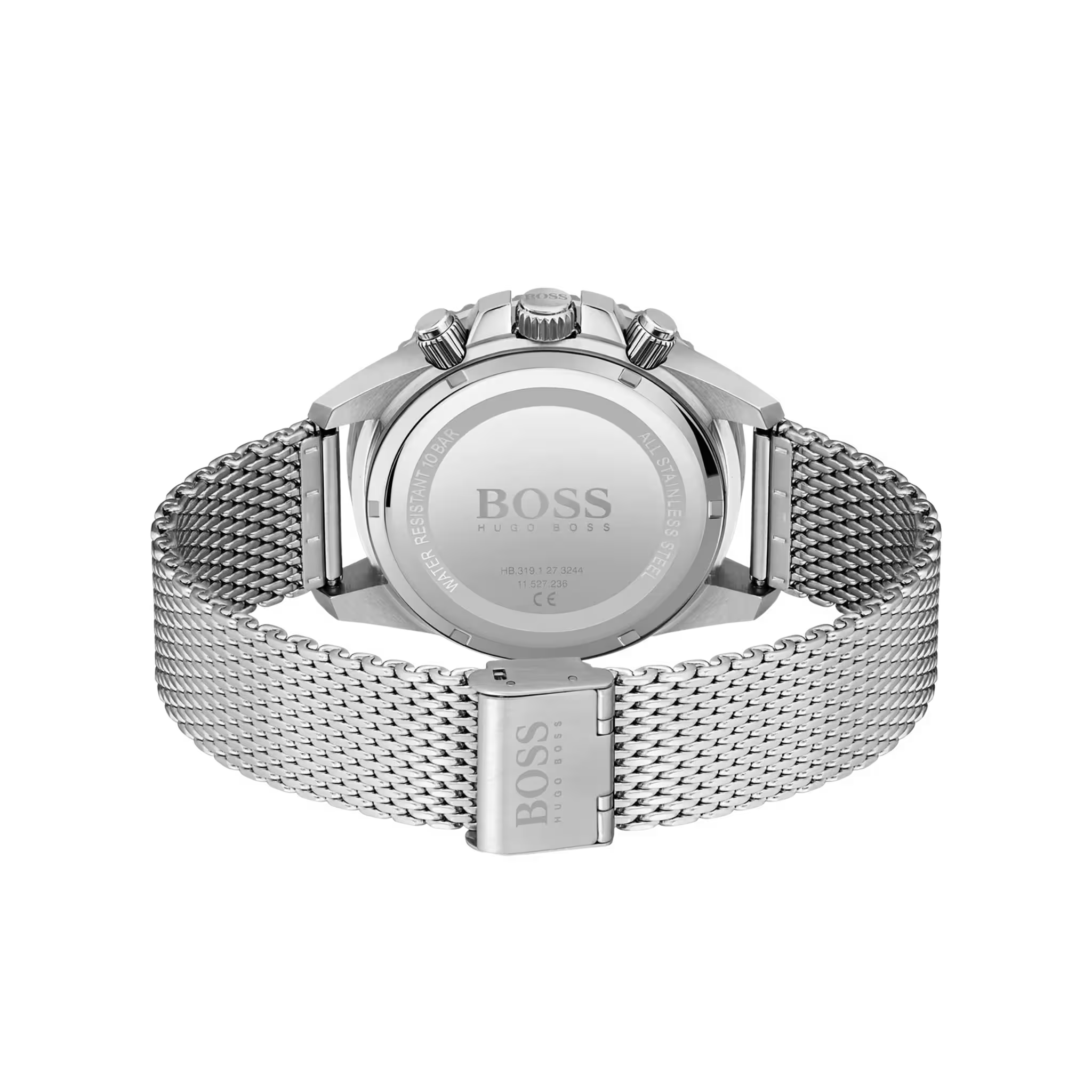 Hugo Boss Herrenuhr Chronograph Modell 1513905 Rückseite mit Edelstahlgehäuse und silbernem Mesharmband
