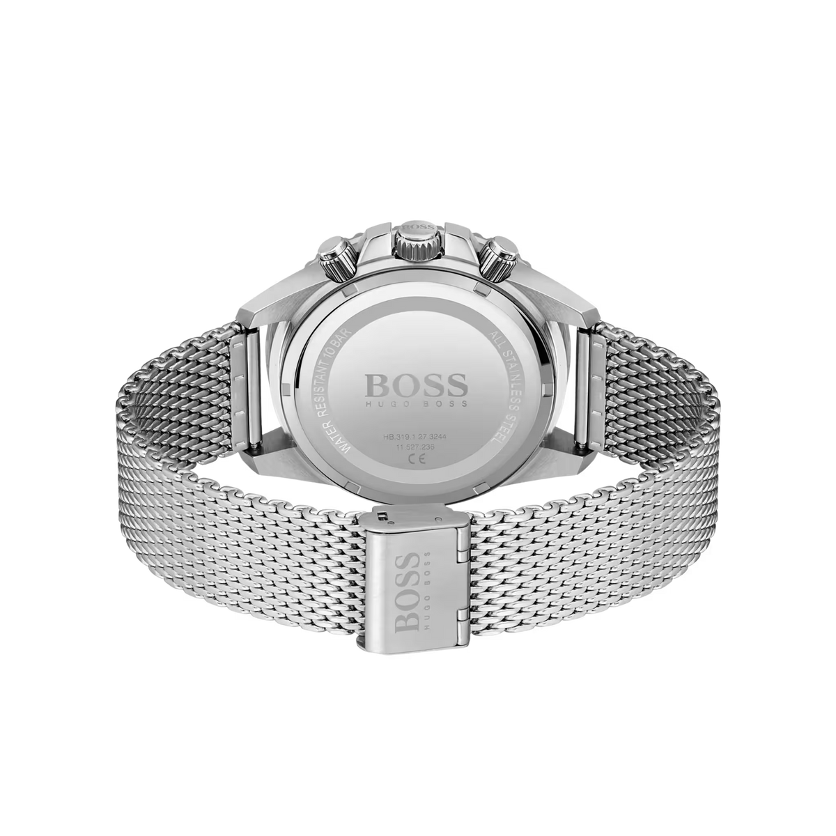 Hugo Boss Herrenuhr Chronograph Modell 1513905 Rückseite mit Edelstahlgehäuse und silbernem Mesharmband
