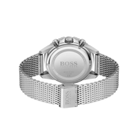 Hugo Boss Herrenuhr Chronograph Modell 1513905 Rückseite mit Edelstahlgehäuse und silbernem Mesharmband
