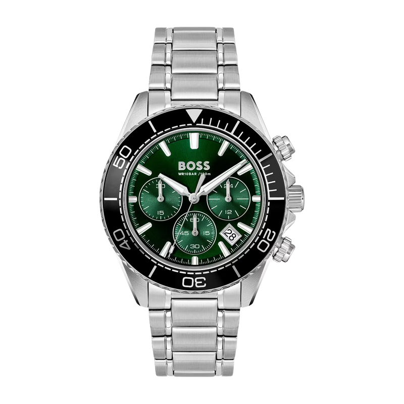 Hugo Boss Herrenuhr Modell 1514321 mit grünem Zifferblatt Chronograph Edelstahlarmband und sportlichem Design