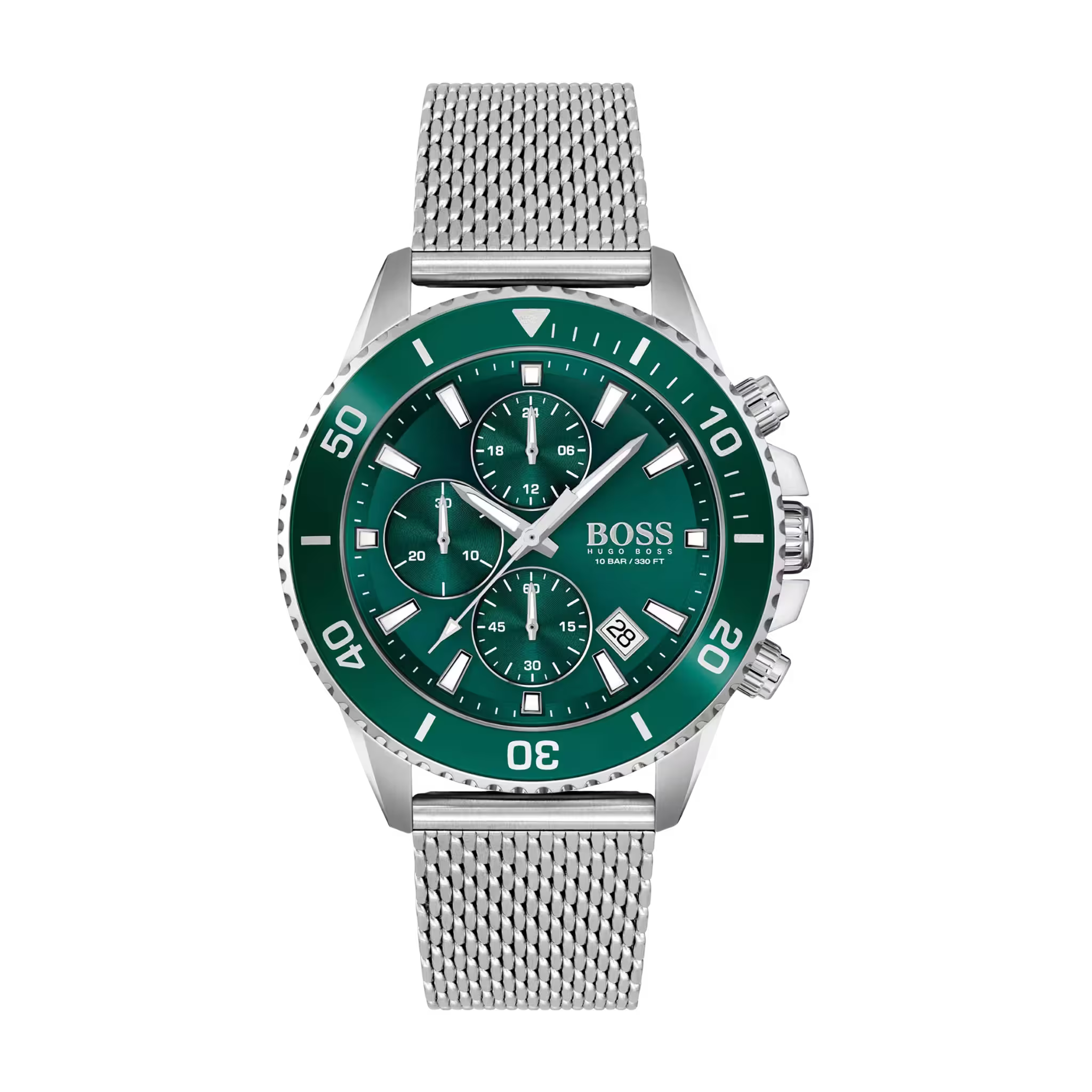 Hugo Boss Admiral 1513905 Herrenuhr mit grünem Zifferblatt, silbernem Edelstahlgehäuse und Mesharmband