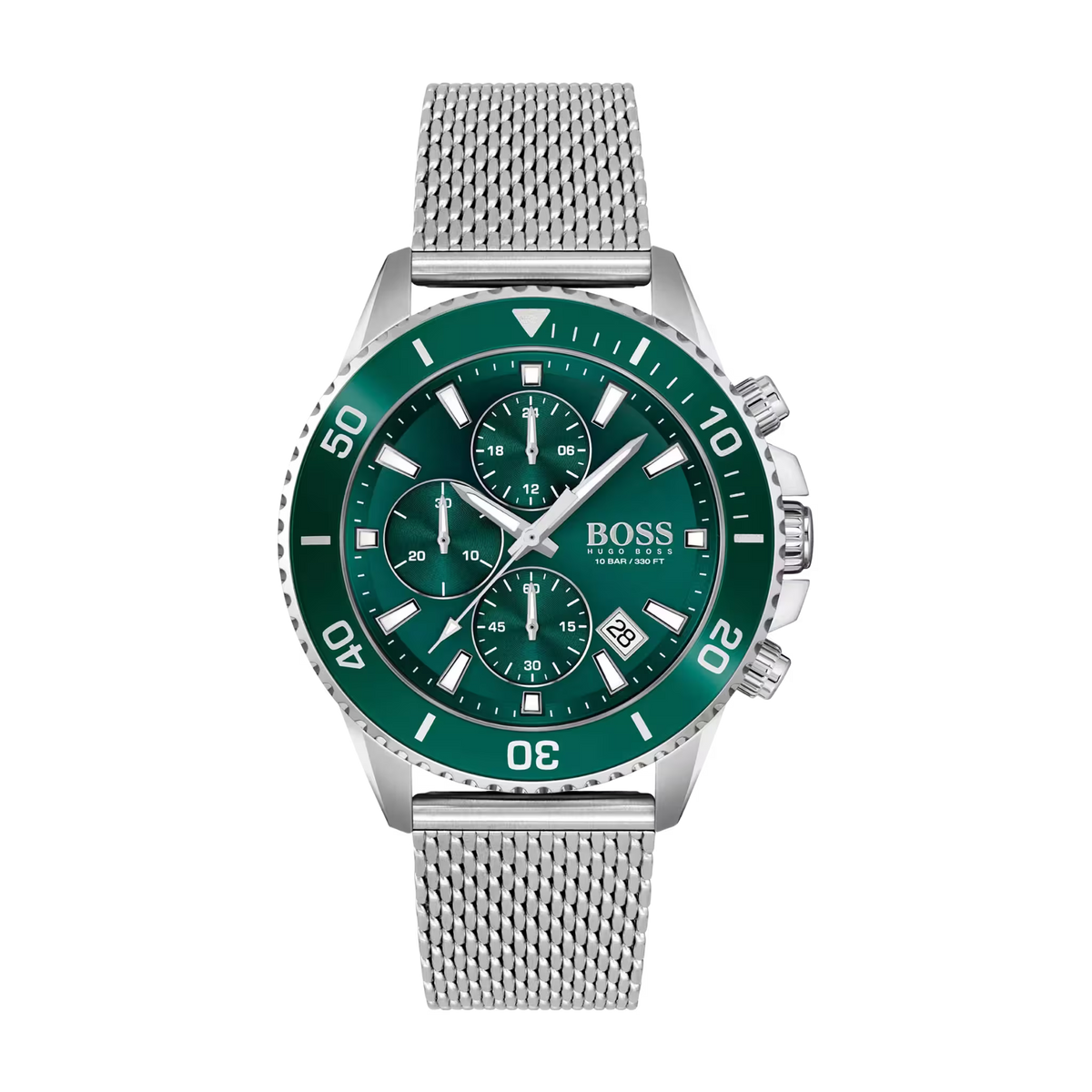 Hugo Boss Admiral 1513905 Herrenuhr mit grünem Zifferblatt, silbernem Edelstahlgehäuse und Mesharmband