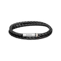 Hugo Boss Armband Modell 1580489M aus schwarzem geflochtenem Leder mit Edelstahlverschluss