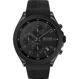 Boss Chronograph 1513720 Herren Schwarz in Vorderansicht mit Silikonarmband
