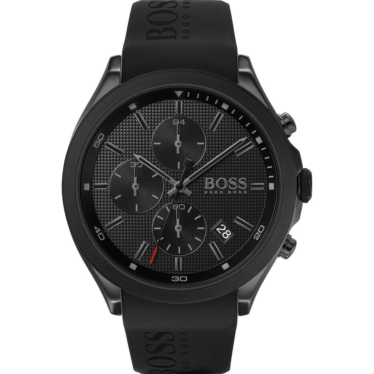 Boss Chronograph 1513720 Herren Schwarz in Vorderansicht mit Silikonarmband
