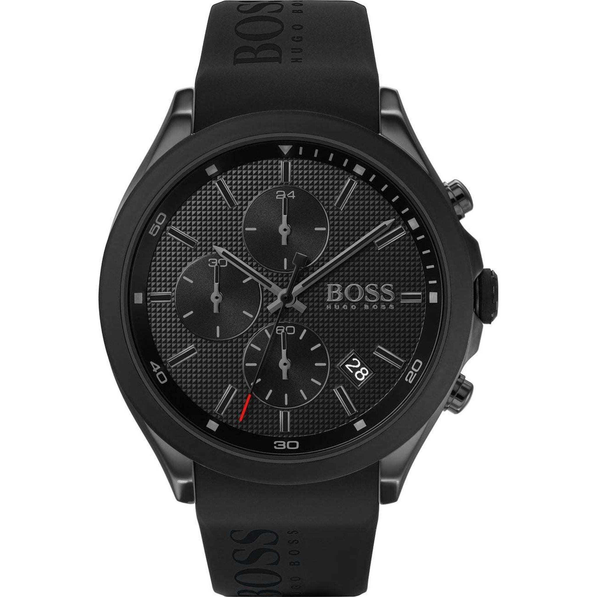 Boss Chronograph 1513720 Herren Schwarz in Vorderansicht mit Silikonarmband
