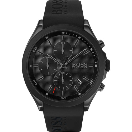 Boss Chronograph 1513720 Herren Schwarz in Vorderansicht mit Silikonarmband
