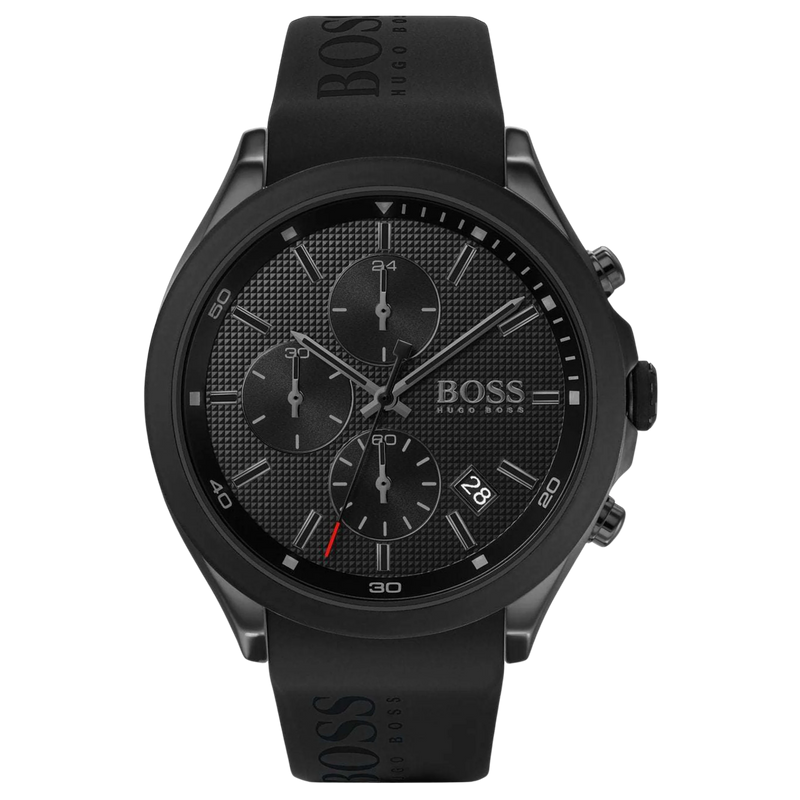 Boss Chronograph 1513720 Herren Schwarz in Vorderansicht mit Silikonarmband